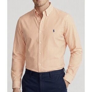Mens 16/ L Ralph Lauren Classic Fit Orange White Striped Button Down Preppy Pony